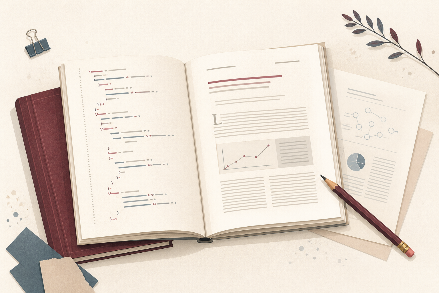 Open research manuscript with LaTeX source code, typeset article pages, and a pencil