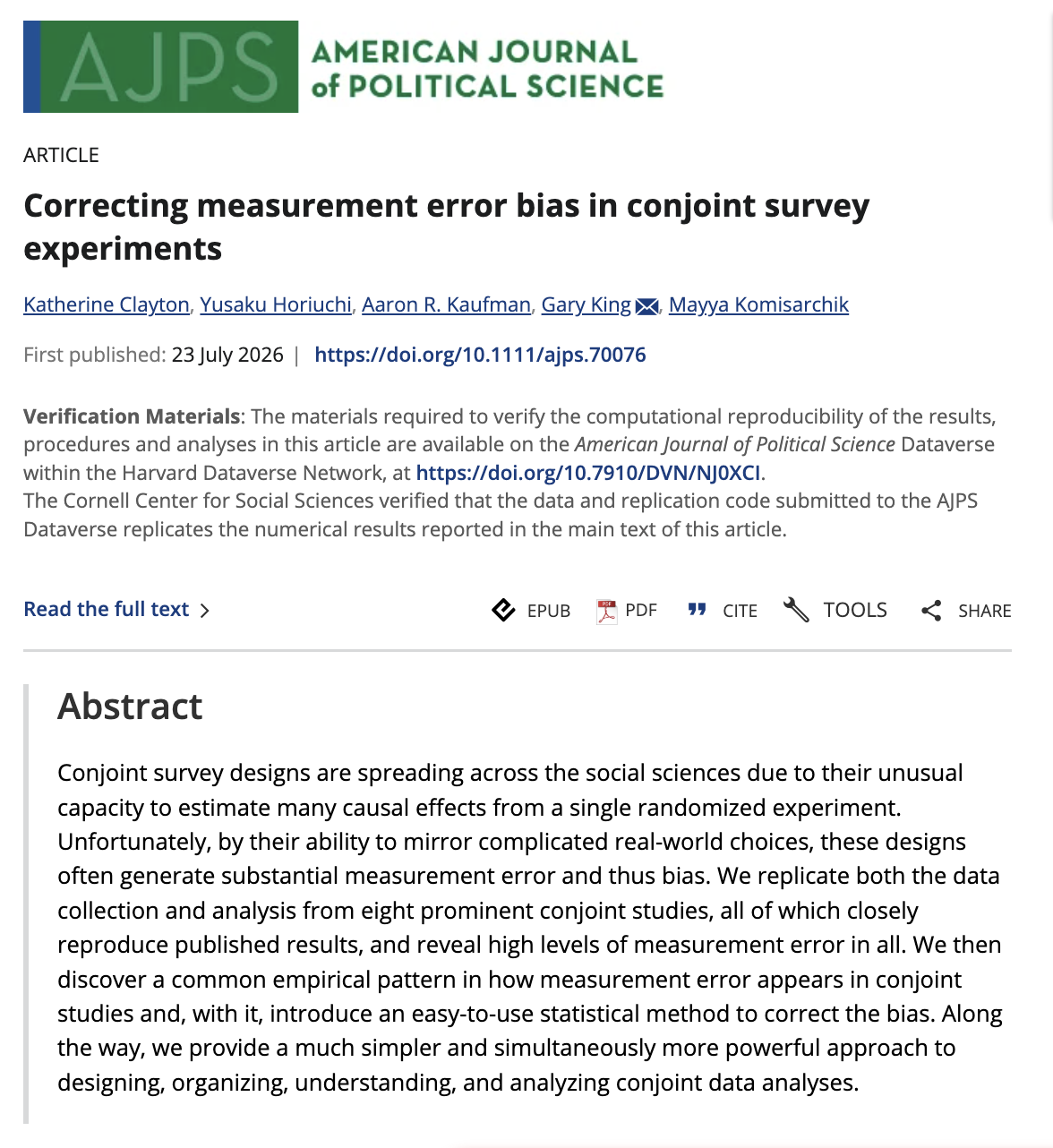 Wiley Online Library page for Correcting Measurement Error Bias in Conjoint Survey Experiments in the American Journal of Political Science